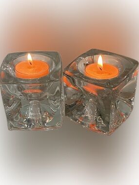 1970s ice cube Glass Tealight Candle Holder Pair Czech glass